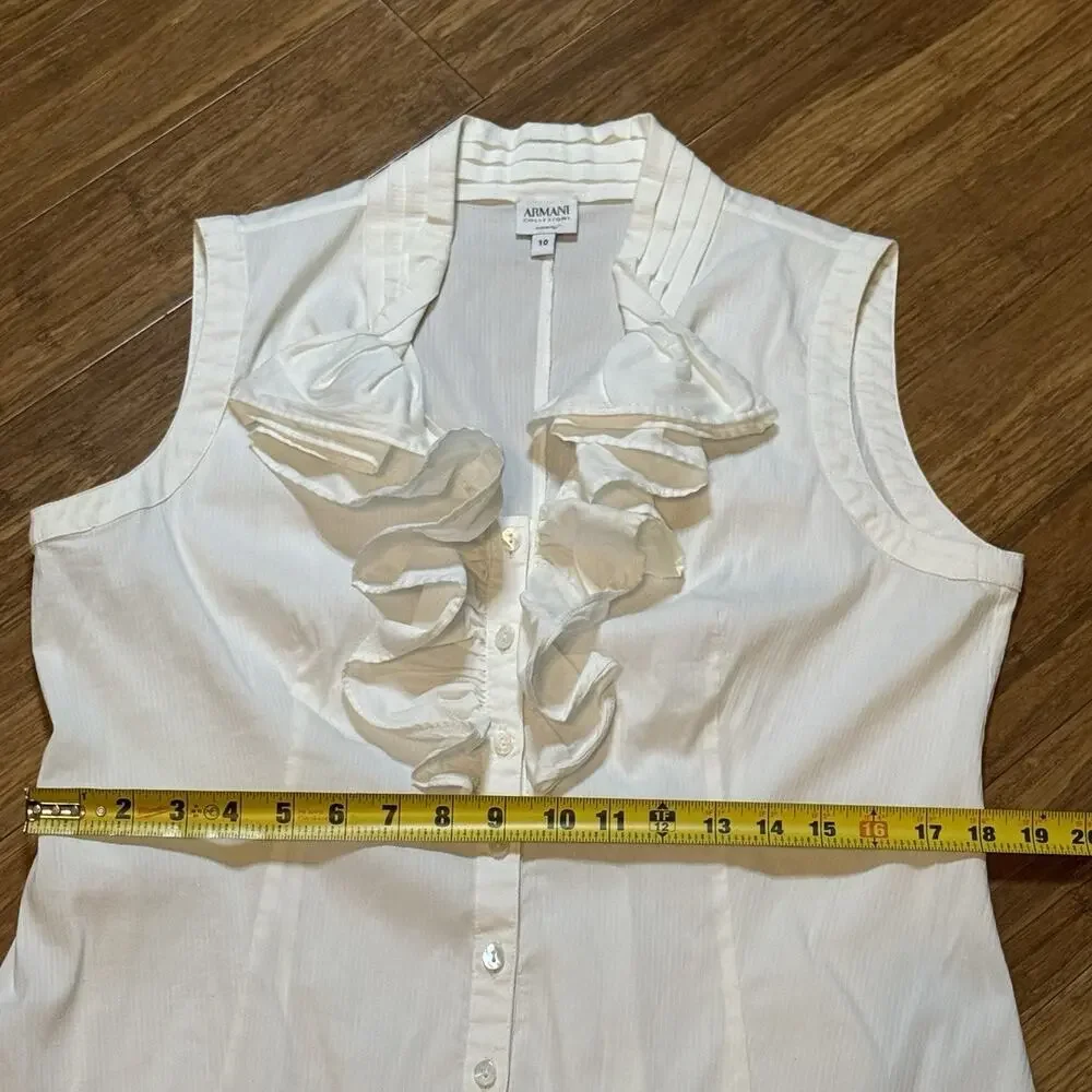VTG ARMANI COLLEZIONI Women’s Sleeveless Ruffle Casual Formal Cream Shirt 10 - Picture 8 of 13